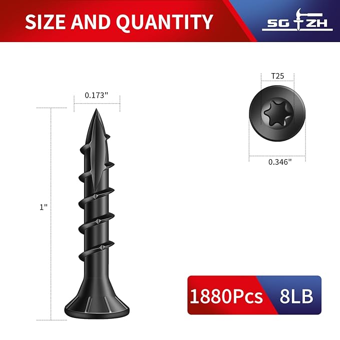 #8 x 1 Inch Deck Screws (1880Pcs) 8lb. Carbon Steel, Black, Flat Head, Rust Resistant epoxy Coated, with T25 Star Bit