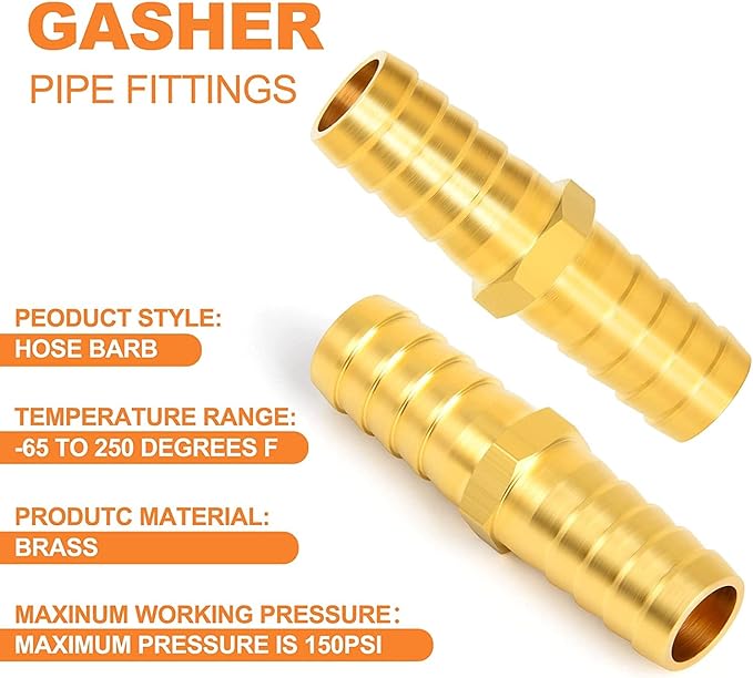 GASHER 2 Pieces Brass Hose Barb Reducer, 5/16 Inch to 1/4 Inch Barb Hose ID with 4 Hose Clam, Brass Barb Reducer SPLICER Fitting Fuel/AIR/Water/Oil/Gas/WOG