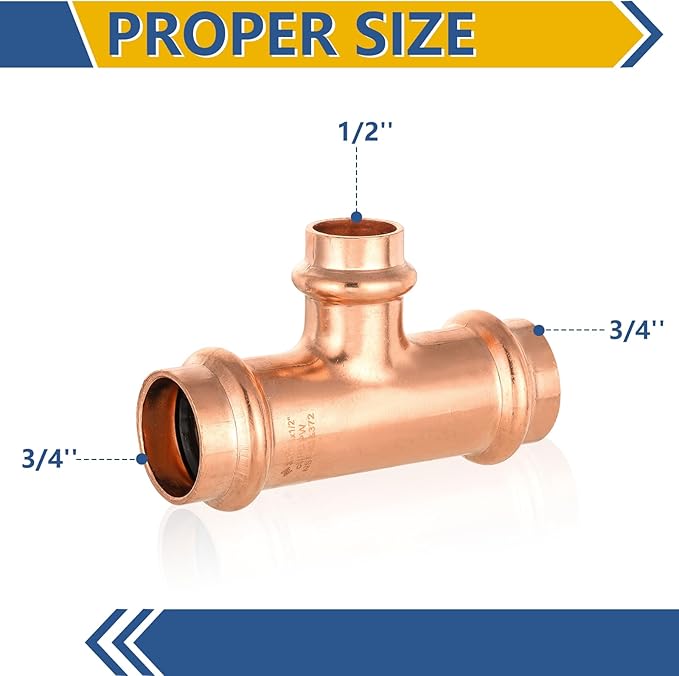 50-Pack GUOFIS Copper Press Tee,3/4" x 3/4"x 1/2" Tee Fittings for Copper Tube Connection with Stop(PRESS018-50Pack)