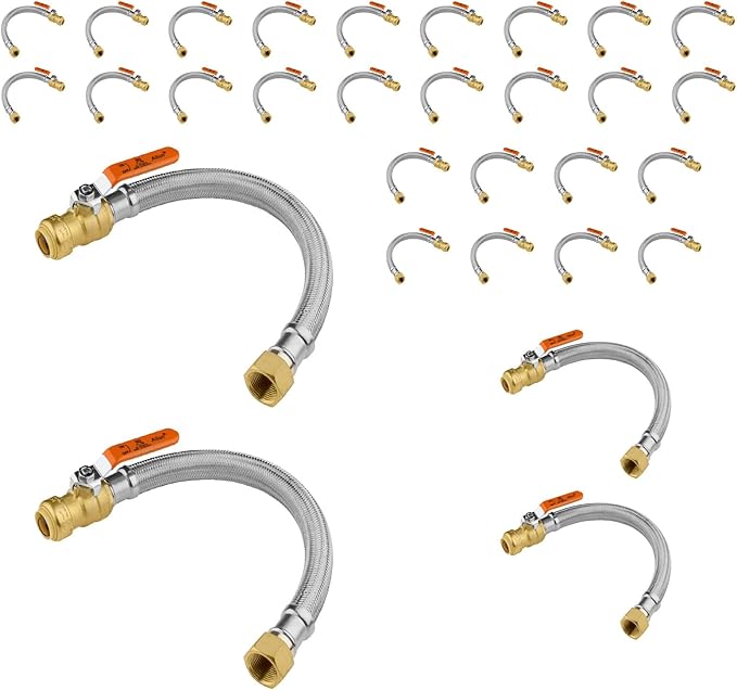(30 Pack) Seelink 24-Inch Stainless Steel Flexible Heater Hose, 3/4 Inch Push-fit Ball Valve x 3/4 Inch FIP, Push-to-Connect for Copper, PEX, and CPVC