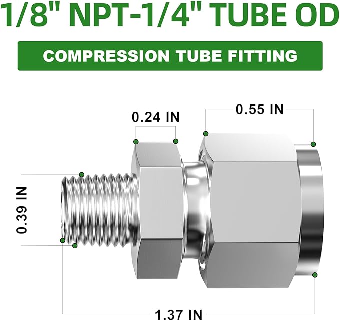 TAISHER 2PCS 304 Stainless Steel Compression Tube Pipe Fitting Connector, 1/4" Tube OD x 1/8" NPT Male Straight Adapter