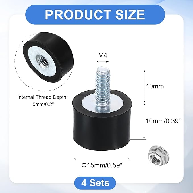 uxcell M4 Rubber Mounts, 4Pcs 15x10mm(DxH) Rubber Cylindrical Anti Vibration Isolator Shock Absorber with Lock Nut for Car Bobbin Generator Air Compressors