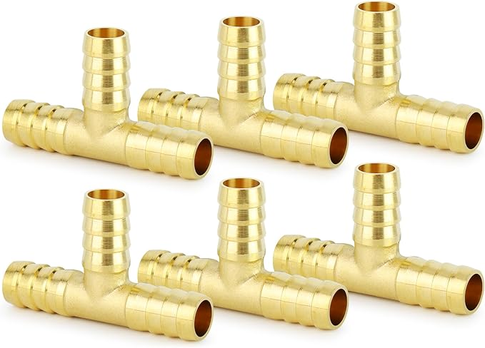ChillWaves Brass Hose Barb Fittings, Tee 3 way Union Intersection/Splitter Fitting 1/8" Barb x 1/8" Barb x 1/8" Barb For Water/Fuel/Air(6-PACK)