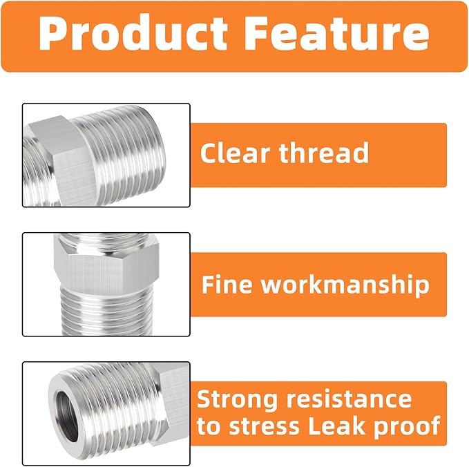 GASHER 4PCS 304 Stainless Steel Pipe Fitting, Hex Nipple Hex Coupling, 1/4" x 1/4" NPT Male Thread Pipe, 1/4Inch x 1/4Inch NPT Female Thread Pipe
