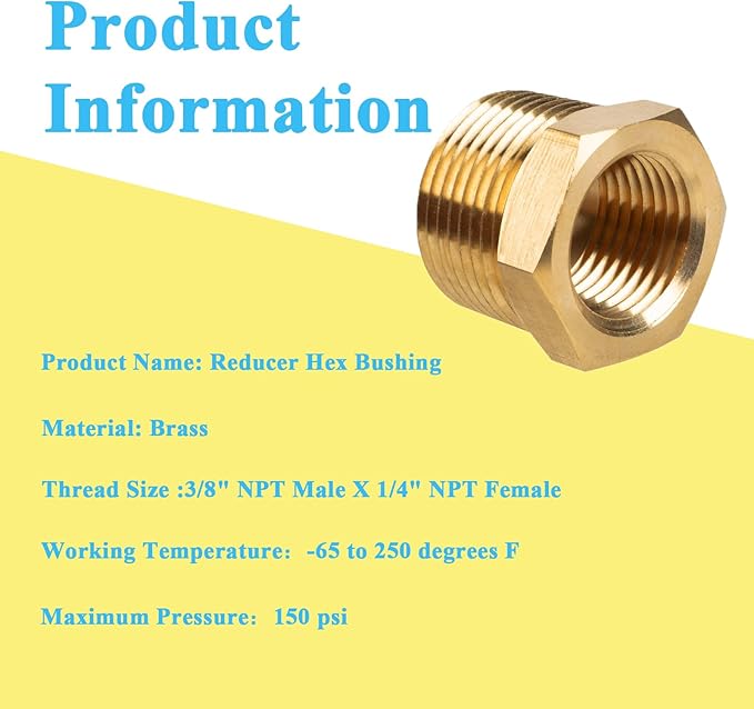 6 PCS Brass Reducer Hex Bushing Threaded Pipe Fitting 3/8" NPT Male x 1/4" NPT Heavy Duty Brass Fitting Pipe Hose Tube Adapter Convert