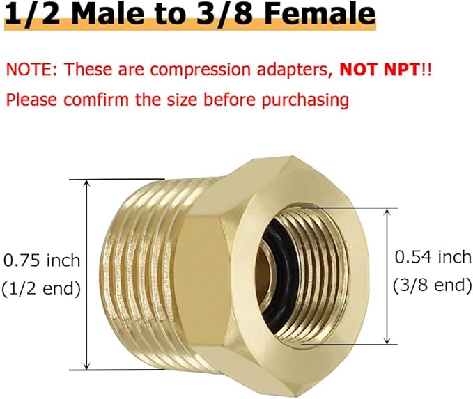 Hooshing 1/2 G Male to 3/8 Compression Female Thread Reducer Faucet Adapter Brass Water Line Fittings Water Supply Adapter for Kitchen Bathroom Plumbing