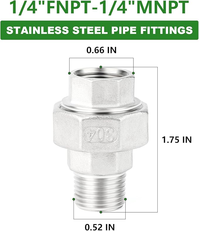 TAISHER 5PCS 304 Stainless Steel Union，1/4" NPT Male x 1/4" NPT Female Cast Pipe Fitting