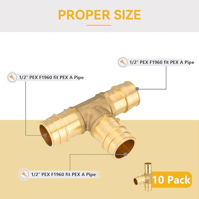PEX A Expansion Fitting,1/2 Inch F1960 Expansion Brass Tee,10 Pack 1/2" Tee(PEX1960041)