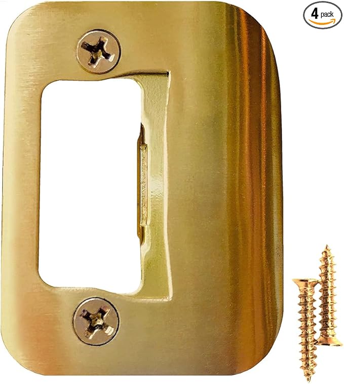 Gator Door Strike Plate with Screws, – 2-1/4" by 1-3/4" Universal Latch Restorer Alloy Steel Lock Hardware for Interior and Exterior Doors, Replacement Door Latch Plate | Bright Brass 4-Pack