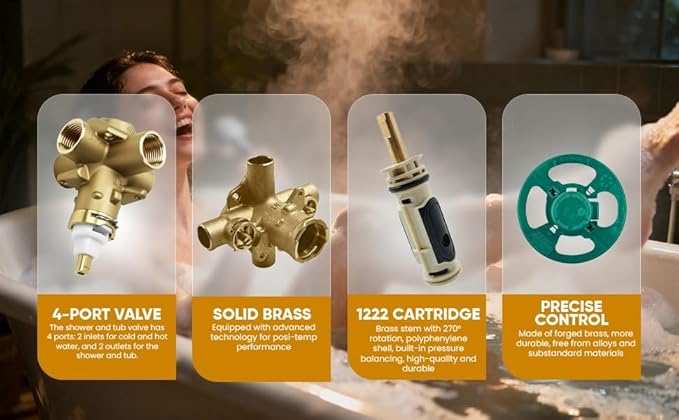Brass Pressure Balancing Shower Valves, Shower Control Valves with Temperature Control & Flow Control Cartridge for Smooth Flow & Steady Temperature Showers