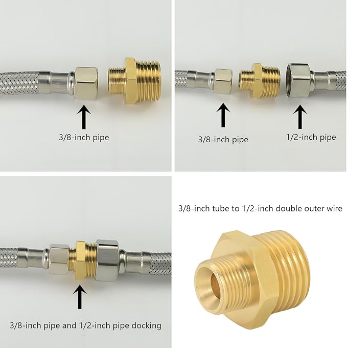 1/2 to 3/8 inch reducer faucet adapter - compressed brass pipe fittings, 3/8 "to 1/2" water supply pipe adapter for RV kitchen water supply pipes, compatible with 3 types of water pipe fittings each