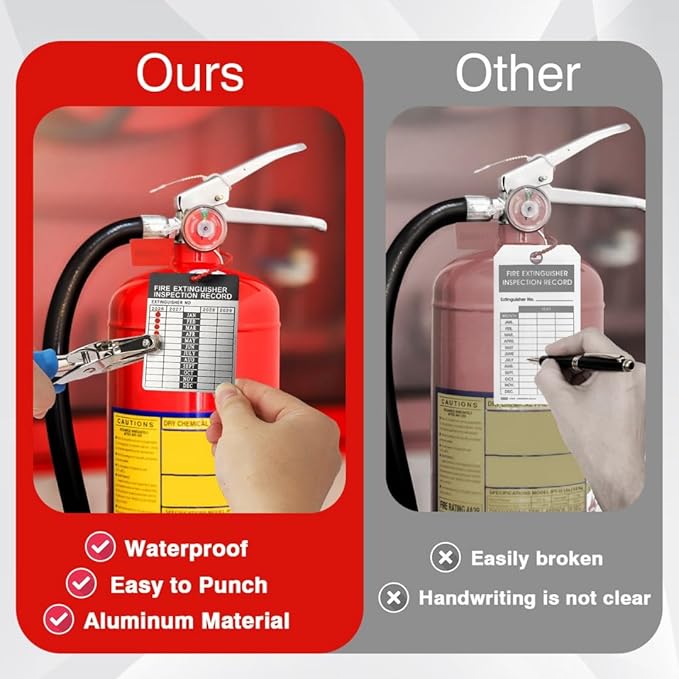 50 Sets 2026–2029 Fire Extinguisher Tags Aluminum Metal Inspection Record Tags 2.2 x 3 Inch with Hole Puncher & Numbered Security Zip Ties for Monthly Fire Extinguisher Inspection Indoor Outdoor
