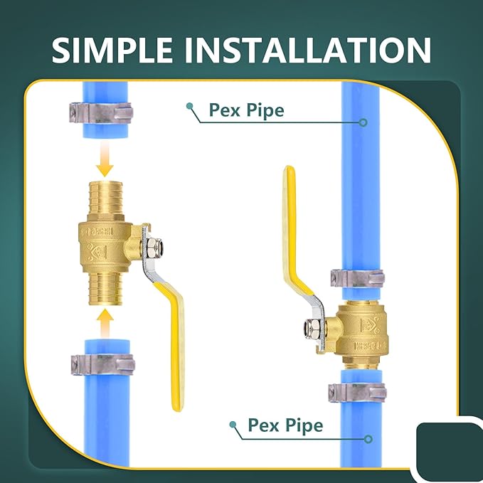 50 Pack Ball Valves, 1" Pex Crimp Shut Off Valve Yellow, Brass Full Port Pex B Shut Off Ball Valve for Hot and Cold Water, NSF/ANSI 61 Certified