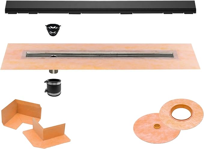 All-in-one Waterproof Linear Shower Drain Kit with 44 Inch Off-set Outlet Channel Body (KL1VO60E110) and Drain Grate Assembly (Cover) in Solid Design with Matte Black Finish (KL1AR19MGS110)