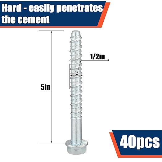 Tandefio 40 Pack 1/2" x 5" Concrete Screw Anchor Galvanized Large Diameter Heavy Duty Plated Concrete Anchors for Masonry Brick Anchoring Block Decking Framing Hex Drive
