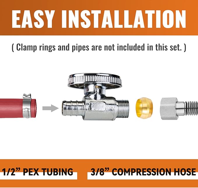 SUNGATOR 10-Pack Straight Stop Valve, 1/2" PEX x 3/8" OD Compression, Quarter Turn Chrome Plated, 1/2 inch Pex Shut Off Valves for Faucet and Toilet, UPC Certified
