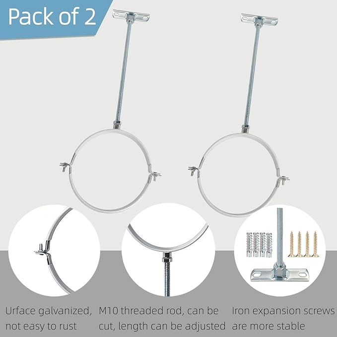 2 Sets 6 Inch Adjustable Pipe Hanger Strap，Heavy Duty Galvanized Iron Stove Pipe Bracket，Wall Support Chimney Pipe Holder，Round Split Ring Vent Conduit Carrier Kit，with All Mounting Screws
