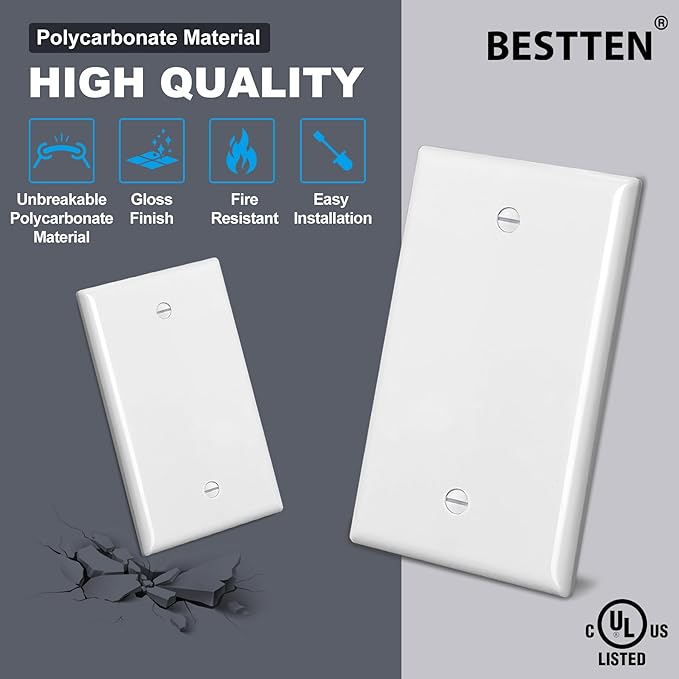 BESTTEN 50 Pack 1-Gang Blank Wall Plate, UL Listed, No Device Outlet Cover, H4.53” x W2.76”, Unbreakable Polycarbonate Thermoplastic Wallplate, White