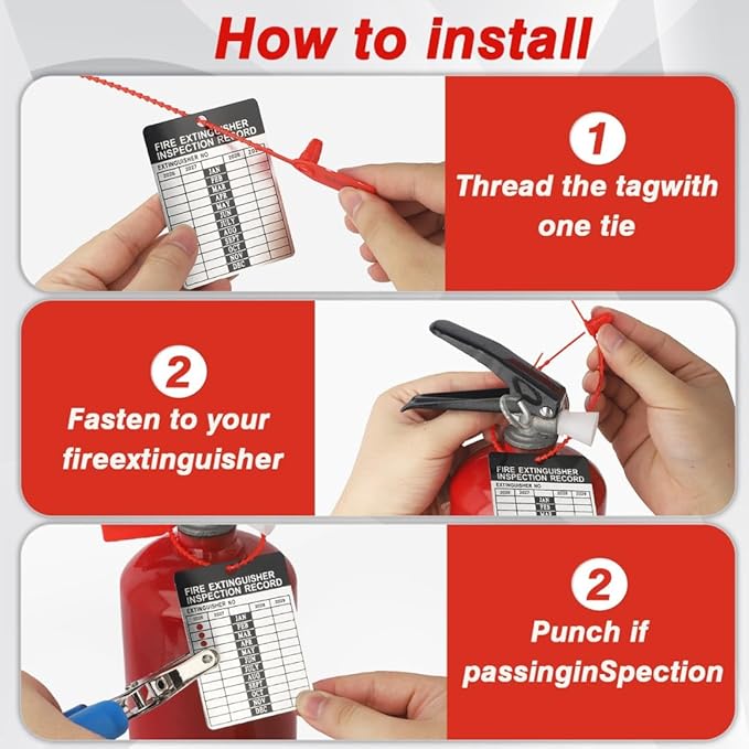 25 Sets 2026–2029 Fire Extinguisher Tags Aluminum Metal Inspection Record Tags 2.2 x 3 Inch with Hole Puncher & Numbered Security Zip Ties for Monthly Fire Extinguisher Inspection Indoor Outdoor
