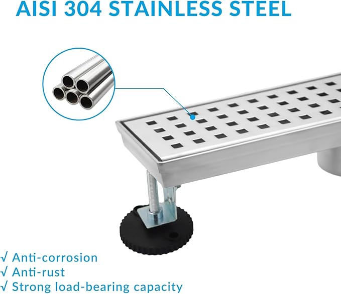 28 Inch Removable Cover Linear Shower Drain 304 Stainless Steel Rectangular Floor Drain for Kitchen Bathroom Square Hole Pattern Drain with Accessories Hair Strainer Adjustable Leveling Feet (Silver)