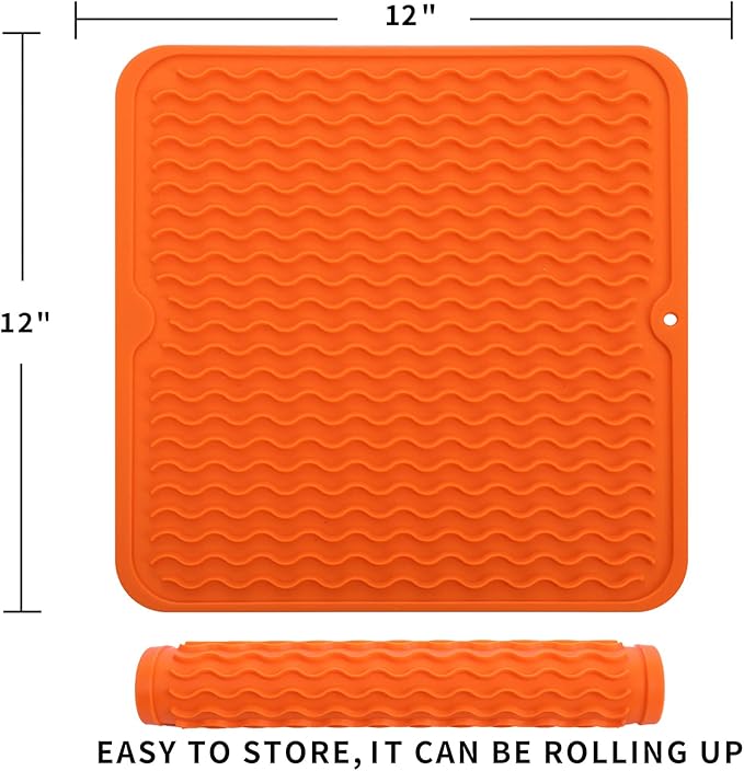 Silicone Dish Drying Mat for Multiple Usage,Easy clean,Eco-friendly,Heat-resistant Silicone Mat for Kitchen Counter or Sink,Refrigerator or Drawer liner Orange M 12 inches x 12 inches