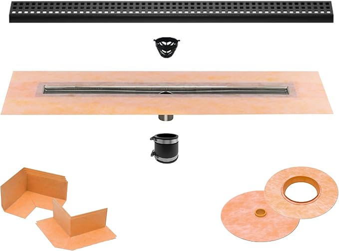 All-in-one Waterproof Linear Shower Drain Kit with 72 Inch Center Outlet Channel Body (KL1V60E180) and Drain Grate Assembly (Cover) in Square Design with Matte Black Finish (KL1B19MGS180)