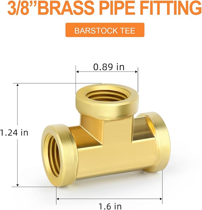 GASHER 5 Pcs Brass Tee Fitting, 3/8" x 3/8" x 3/8" NPT Female Pipe Fittings