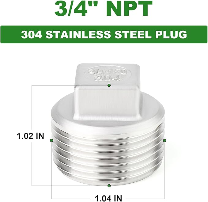 TAISHER 10PCS 304 Stainless Steel Outer Square Thread Socket Pipe Plug Fitting 3/4" NPT Male