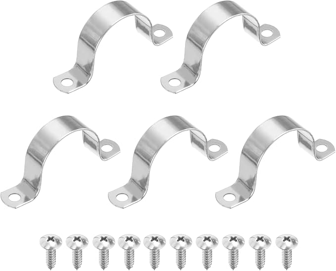 uxcell 5Pcs 50mm(2") Two Hole Rigid Pipe Strap, 304 Stainless Steel Conduit Clamp Thicken U Bracket Heavy Duty Pipe Clamp with Self-Tapping Screws for Fixing Tube Cable, Silver