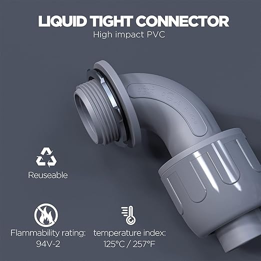 1/2-Inch Liquid Tight Connector 90-Degree, for PVC Electrical Flexible Conduit Fittings NPT Non-Metallic Connectors, for Home Outdoor Tubes Tools, UL Listed, Grey, 60-Pack