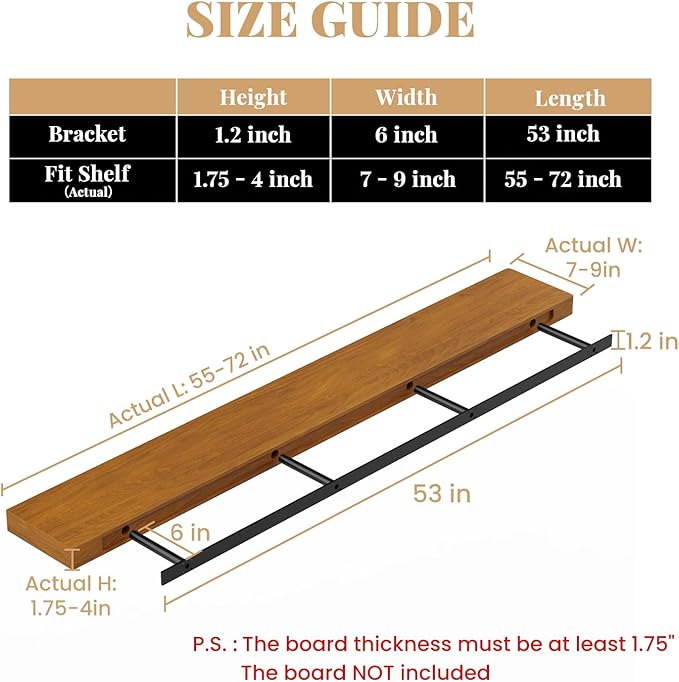 Contractor Grade Floating Shelf Brackets with Reusable Metal Jigs – Professional Aluminum Blind Supports for 1.75"–4" Shelves – DIY Drillable Backplate & Hidden Hardware Kit(53X6X1.2-Metal Jig)