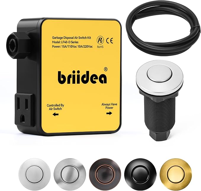 Garbage Disposal Air Switch Kit Dual Outlet Sink Top Waste Disposal Long Stainless Steel Polished On/Off Air Button Food and Waste Disposals Part by Briidea, UL Listed