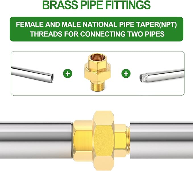 TAISHER 2PCS Brass Union，1/4" NPT Male x 1/4" NPT Female Brass Pipe Fitting
