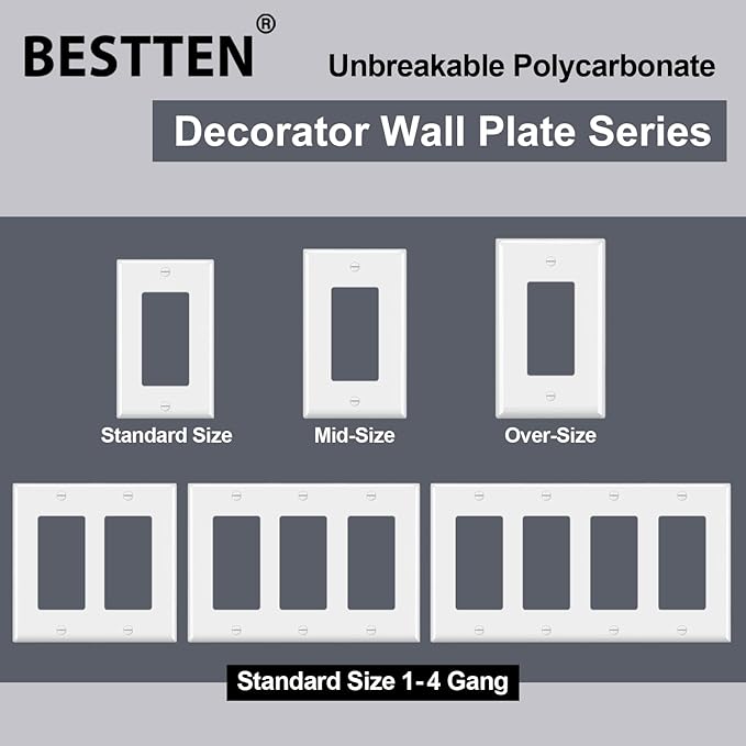BESTTEN 10 Pack 1-Gang Decorator Wall Plate, Standard Size, H4.53” x W2.76”, Unbreakable Polycarbonate Outlet and Switch Cover, White, UL Listed