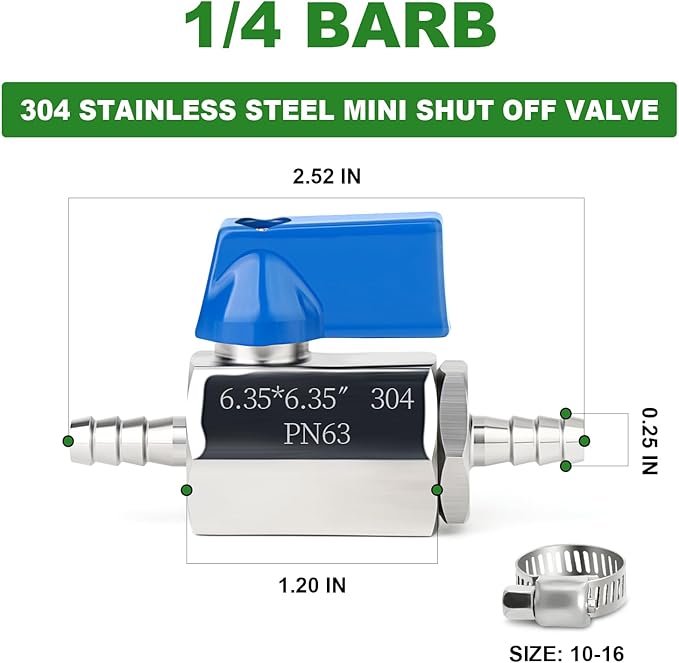 TAISHER 1PCS 304 Stainless Steel 1/4" Mini Ball Valve Shut Off Switch, 1/4” Hose Barb with 2PCS Hose Clamps