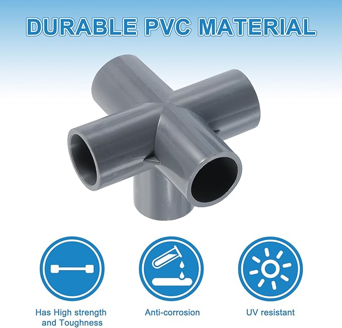 uxcell 1/2" PVC Fittings, 6 Pcs 5 Way Elbow Connector Elbow PVC Furniture Fittings Corner Fitting for Water Supplies PVC Furniture DIY Shelf Greenhouse Tent Connection, Grey