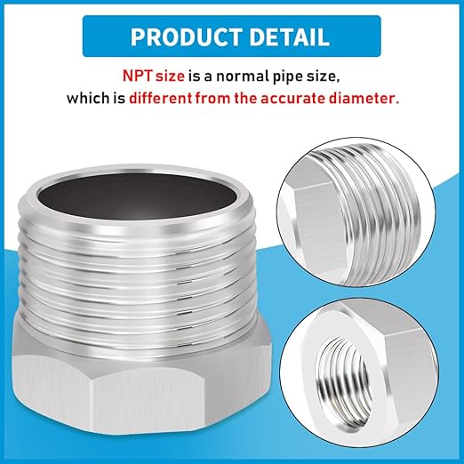 Quickun Stainless Steel Reducing Hex Bushing, 1" Male NPT to 1/4" Female NPT, Reducer Bushing Pipe Hose Fitting （Pack of 2）