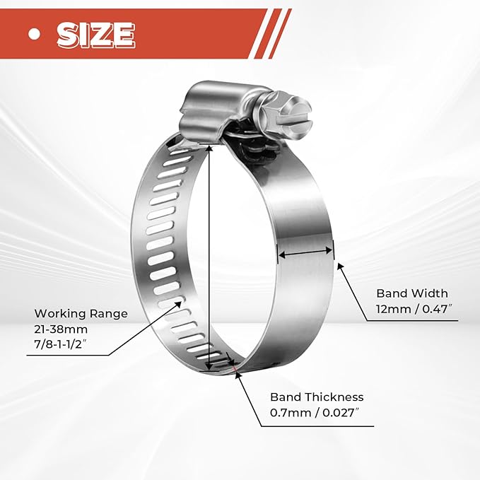 24 Pack 7/8" - 1 1/2" Worm Gear Hose Clamps, Adjustable Range 21-38mm 304 Stainless Steel Fuel Line Hose Clamps for Pipe, Plumbing, Automotive and Mechanical Application