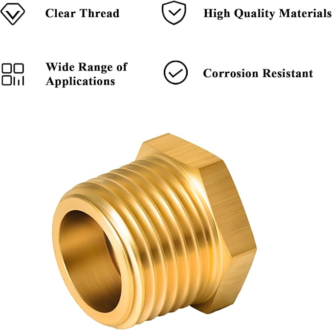 6 PCS Brass Reducer Hex Bushing Threaded Pipe Fitting 1/2" NPT Male x 1/4" NPT Heavy Duty Brass Fitting Pipe Hose Tube Adapter Convert