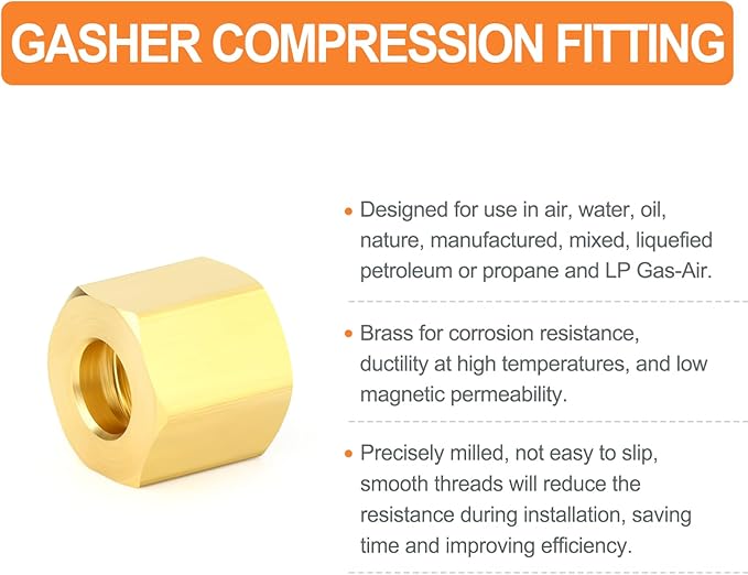 GASHER 60PCS Brass Compression Fitting Kit,Sleeve Ferrules&Insert Tube Support&Ferrule head,1/2" Tube OD