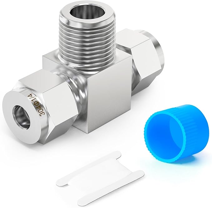 TAISHER 1PCS 304 Stainless Steel Compression Tube Pipe Fitting Connector, 1/4" Tube OD x 1/4" NPT Male x 1/4" Tube OD Tee Adapter