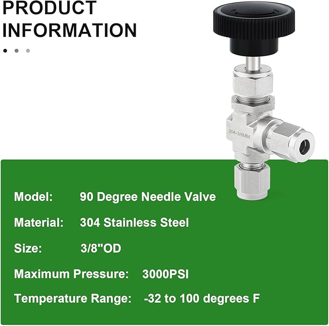 TAISHER 1PCS 304 Stainless Steel Compression Tube 90 Degree Needle Valve 3/8" Tube OD x 3/8" Tube OD For Flow Control Water Gas Oil