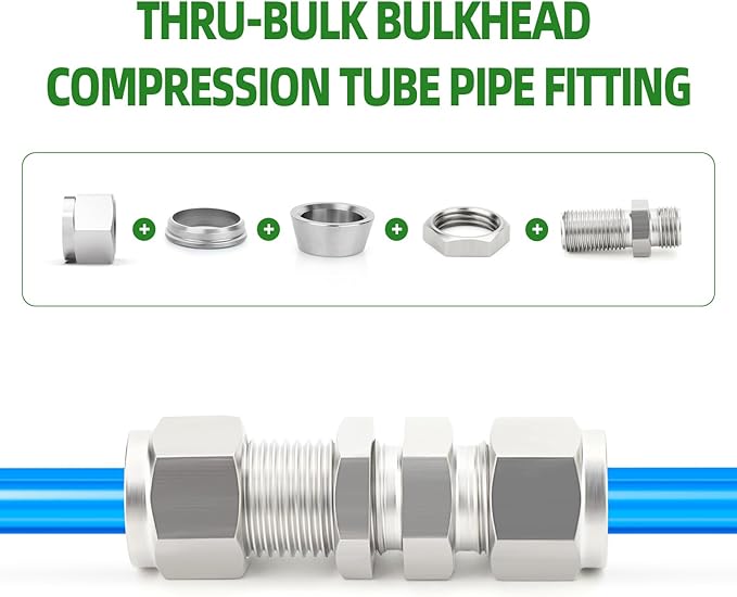 TAISHER 1PCS 316 Stainless Steel Thru-Bulk Bulkhead Compression Tube Pipe Fitting Connector, 3/8" Tube OD x 3/8" Tube OD Straight Adapter