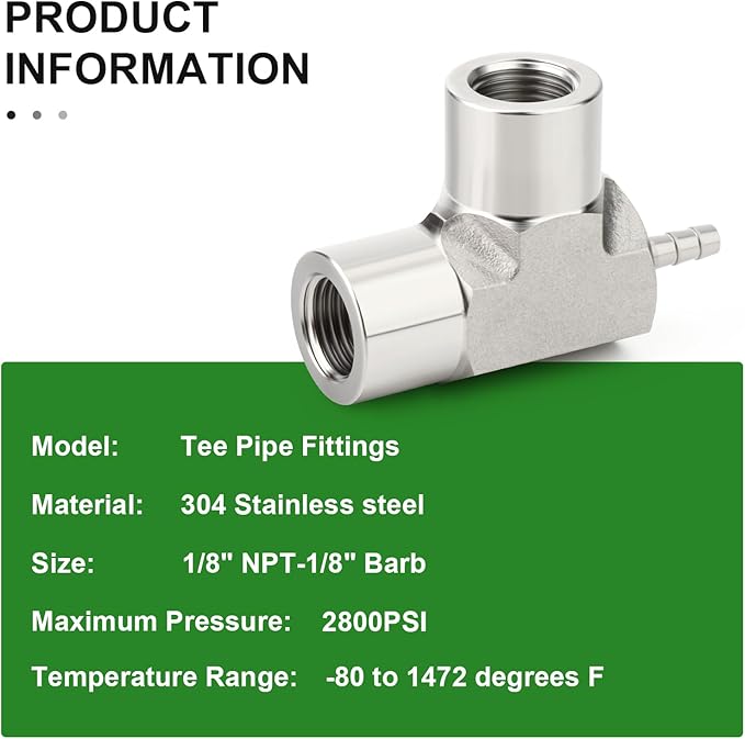 TAISHER 1PCS Forging of 304 Stainless Steel 3 Way Tee Hose Barb Fitting, 1/8" Hose Barb x 1/8" FNPT x 1/8" FNPT for Fuel/Air/Lquid/Gas with 2PCS Hose Clamp