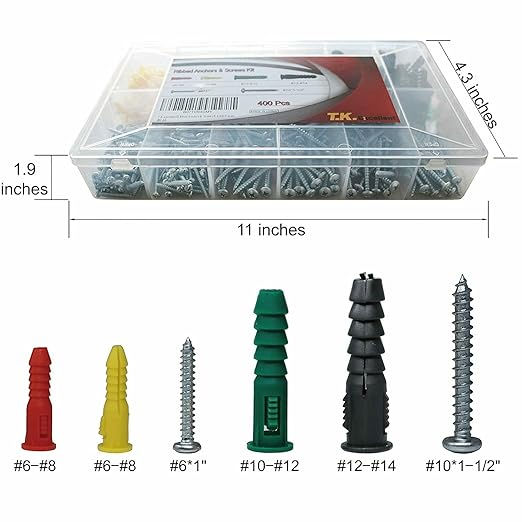 T.K.Excellent Plastic Drywall Anchors and Screws Kit, Ribbed Anchors Assortment Screws Kit, Wall Anchor Kit 400Pcs
