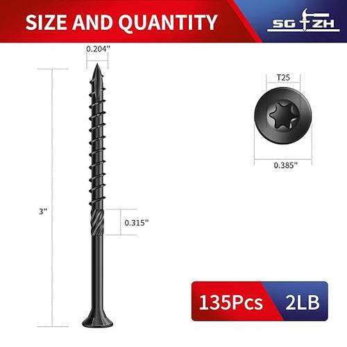 #10 x 3 Inch Deck Screws (135Pcs) 2lb. Carbon Steel, Black, Flat Head, Rust Resistant epoxy Coated, with T25 Star Bit