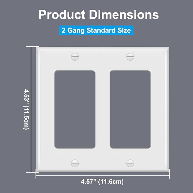 4 Pack BESTTEN 2-Gang Decorator Wall Plate, Standard Size, H4.53” x W4.57”, Unbreakable Polycarbonate Outlet and Switch Cover, UL Listed, White
