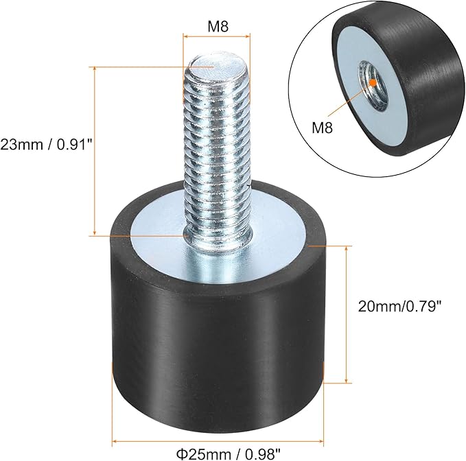uxcell 8pcs M8x23mm Rubber Isolator Mounts with Studs 25x20mm Male Female Vibration Shock Absorber Zinc Plated Cylindrical Thread Mounts Anti Vibration Isolators with 8pcs M8 Lock Nuts