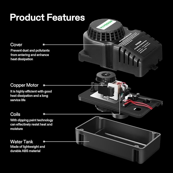 VIVOSUN Automatic Condensate Removal Pump with Transparent Base, 115 Volts/60Hz, 80GPH, 1/30 HP, Safety Switch and Tubing for Air Conditioners, Dehumidifiers, Ice Machines, and Furnaces