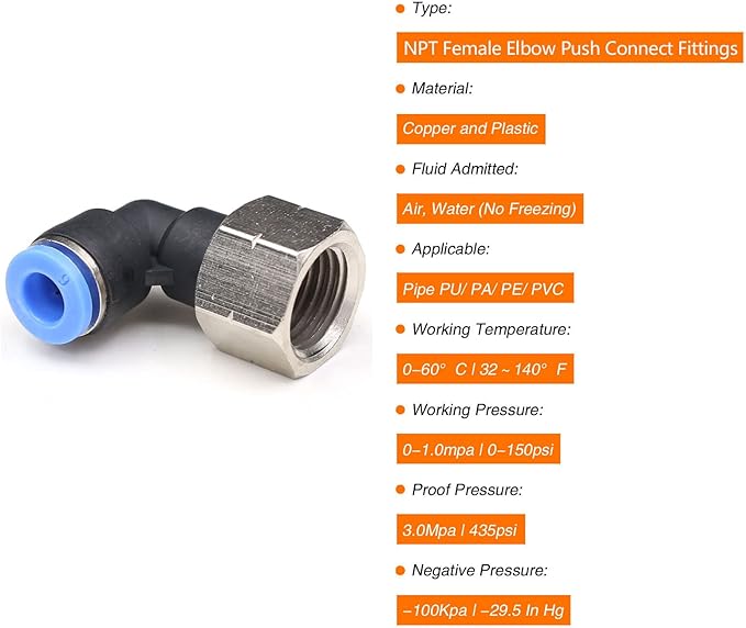CEKER 10MM Female Elbow Airlines Push Fittings 90 Degree Push to Connect Fittings Air Fittings, PL10mm Tubing Od x 1/8" Npt Thread Pneumatic Push In Connectors Quick Connect Tube Fittings 2Packs
